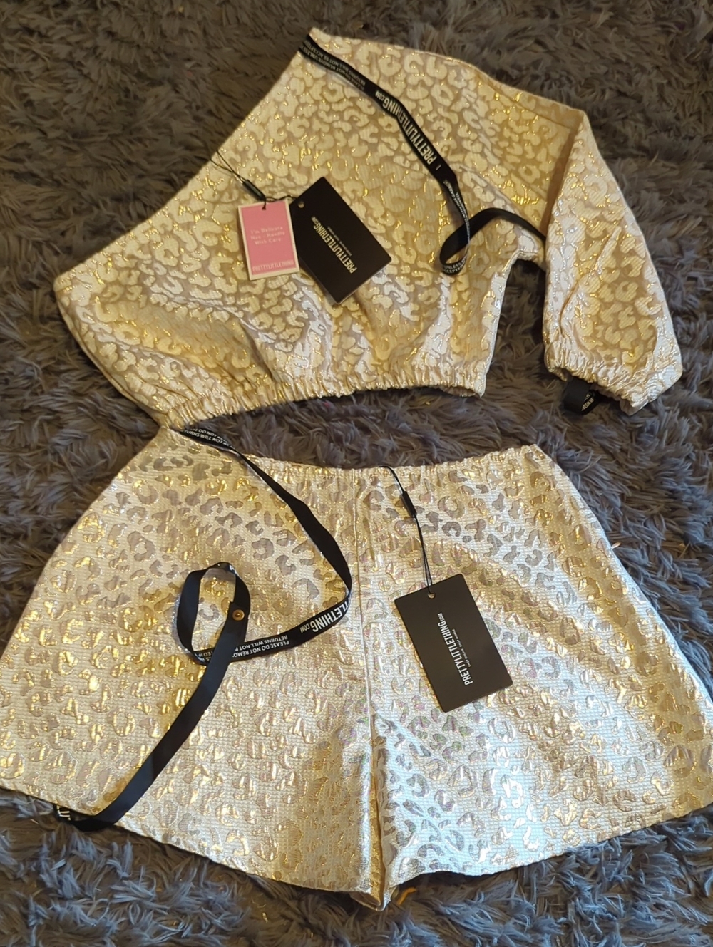 PrettyLittleThing Gold Metallic Leopard Print Two Piece Set.